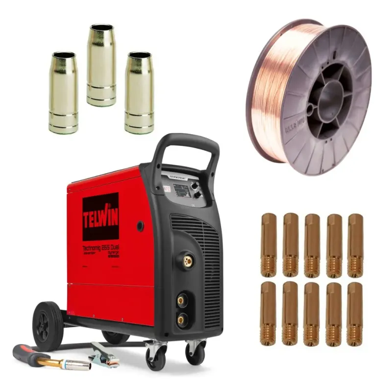 PACK Telwin Technomig 265 + Bobina acciaio 5kg 0.8mm + punte guidafilo + ugelli conici