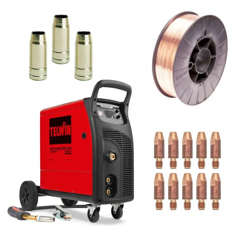 PACK Telwin Technomig 265 + Bobina acciaio 5kg 0.8mm + punte guidafilo + ugelli conici