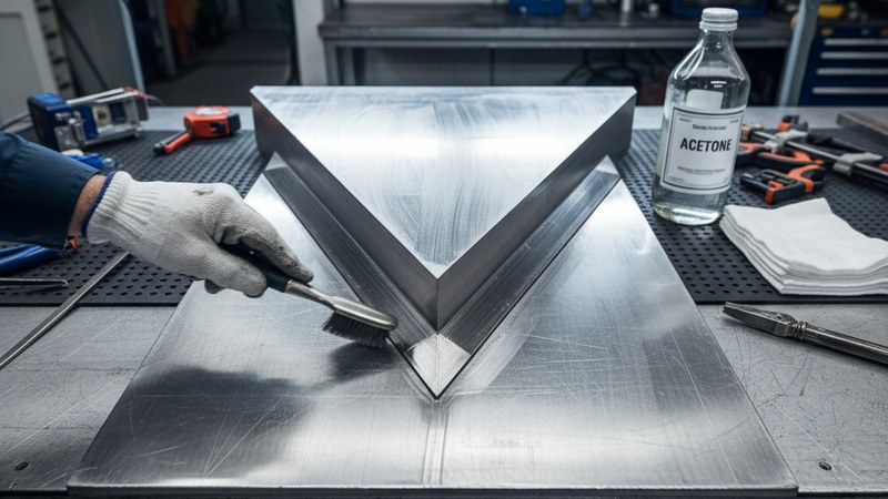 Preparazione delle superfici dell'alluminio: spazzolatura inox, sgrassaggio, smussatura a V